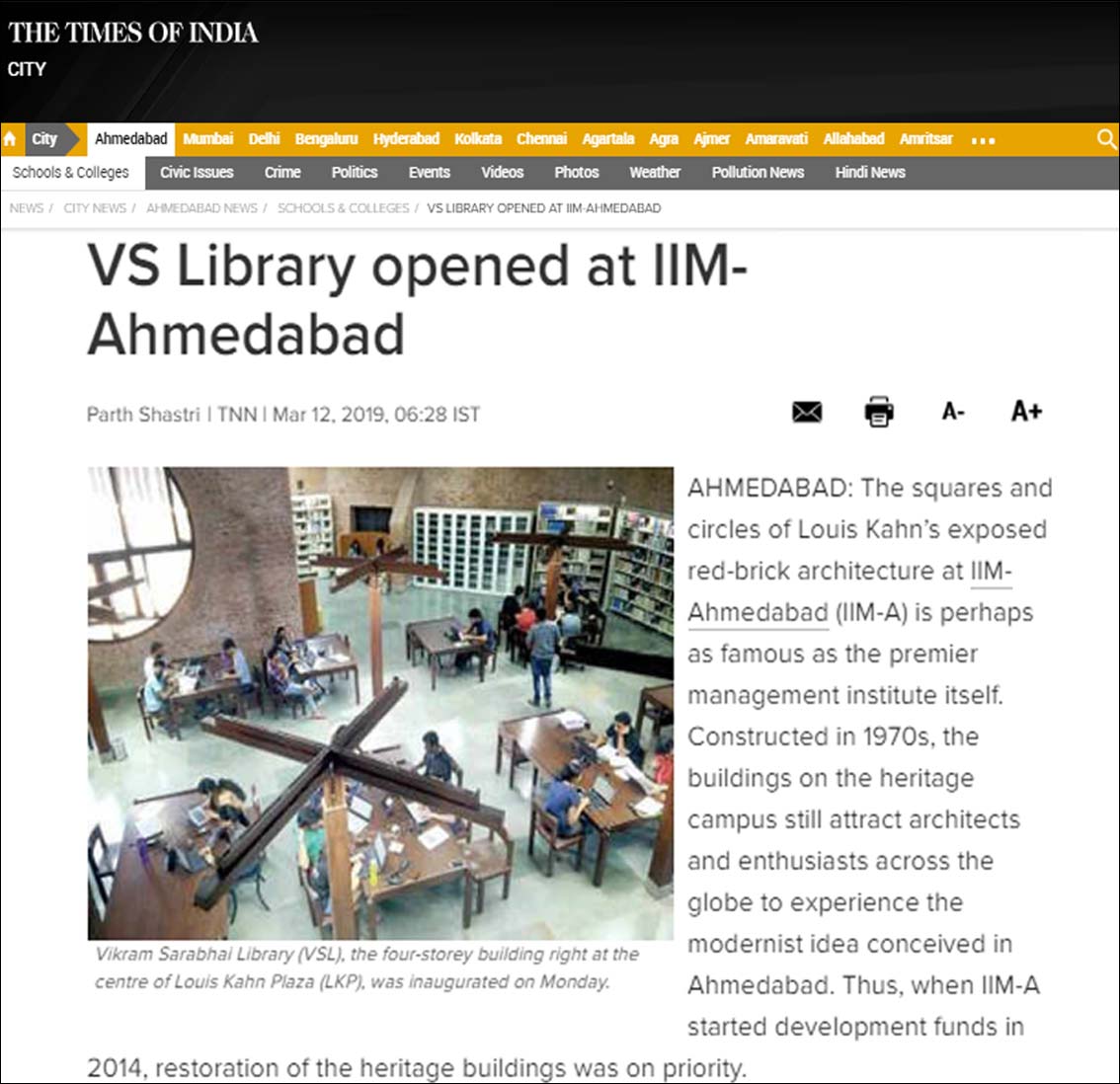 VS Library opened at IIM Ahmedabad, The Time of India - March 2019